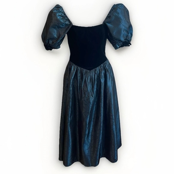 Vintage 80s Laura Ashley Party Dress Black Velvet Blue Brocade Basque 27 10